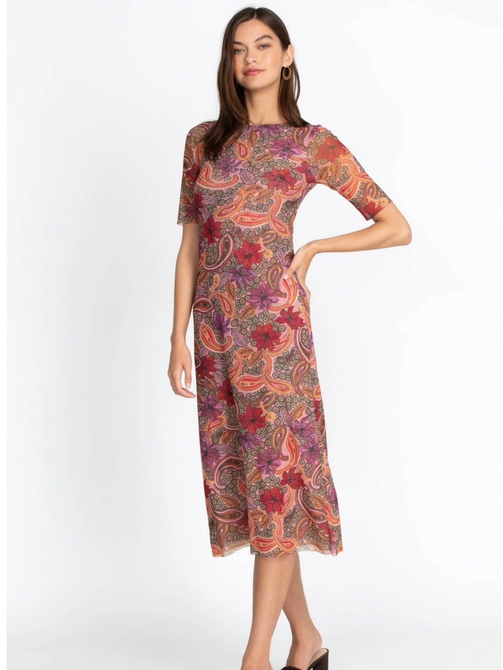 Johnny Was Jade Women’s Haley Mesh Paisley Floral Double Fabric Midi Dress XL